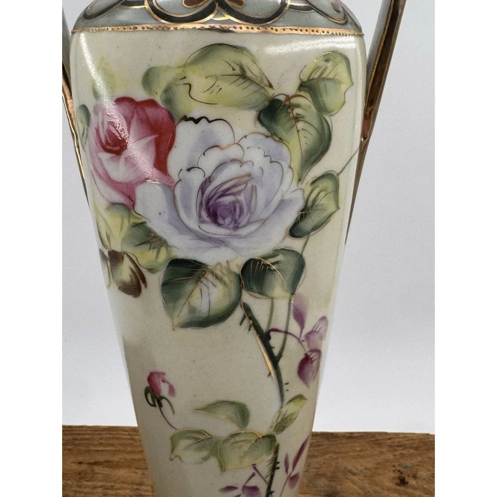 Double Handle Vase Antique Hand Painted Nippon Floral Roses Gold Gilt Porcelain
